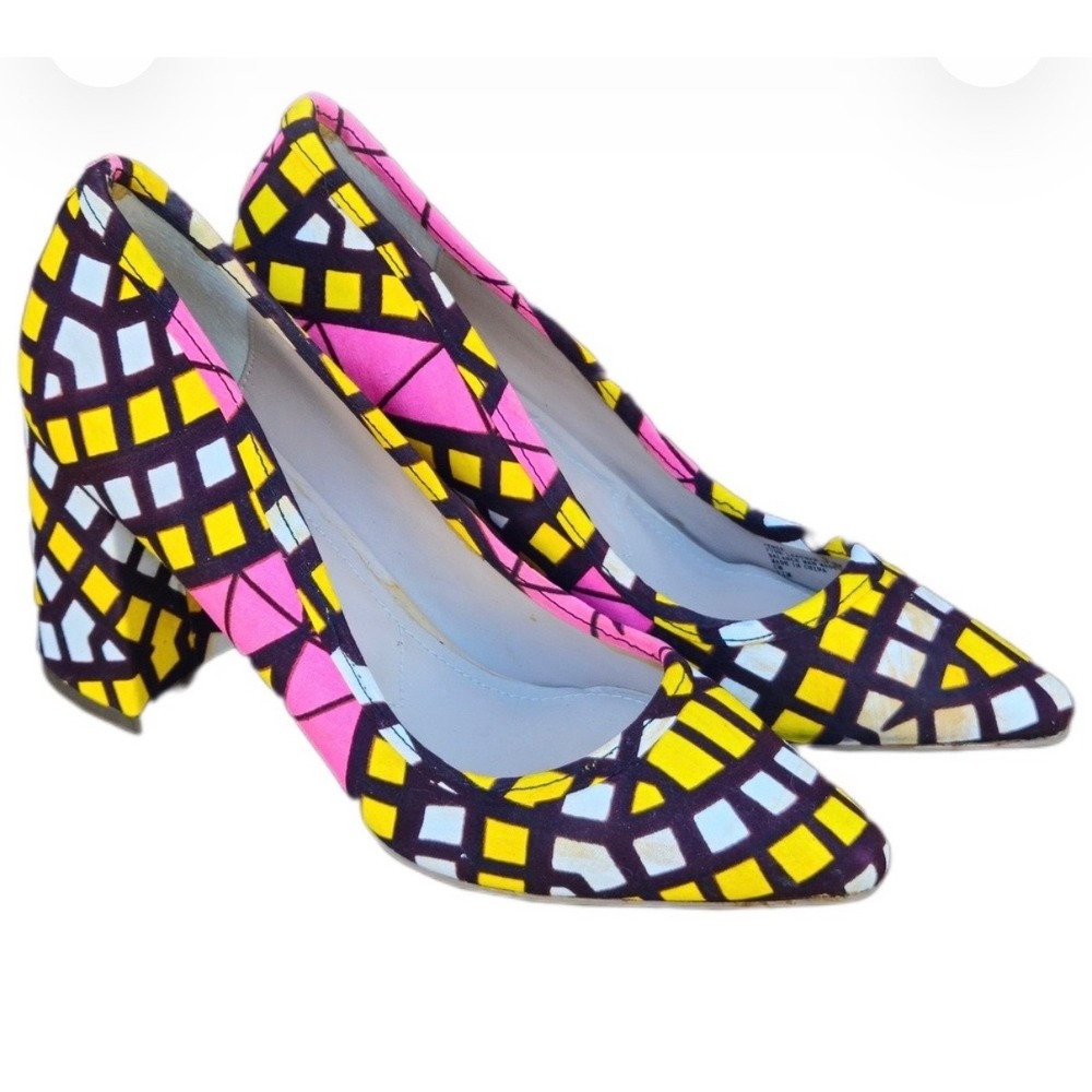 Charles by Charles David Geometric Ankara Block Heel Pumps 11 M Pink Yellow